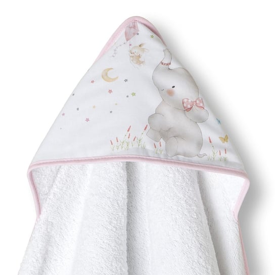 Okrycie kąpielowe 100x100 Słoń biały różowy ręcznik z kapturkiem bawełniany frotte Interbaby