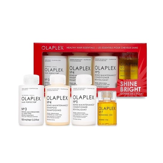 Olaplex Shine Bright Zestaw prezentowy dla zdrowych i mocnych włosów: kuracja No.3 100ml + szampon No.4 100ml + odżywka No.5 100ml + olejek No.7 30ml) Olaplex
