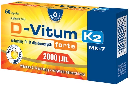 Oleofarm, D-Vitum Forte 2000 j.m. K2 MK-7, Suplement diety, 60 kaps. D-vitum