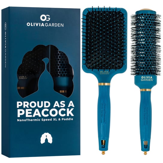 Olivia Garden, Zestaw szczotek do włosów Peacock Paddle Brush + Speed XL 44mm Olivia Garden