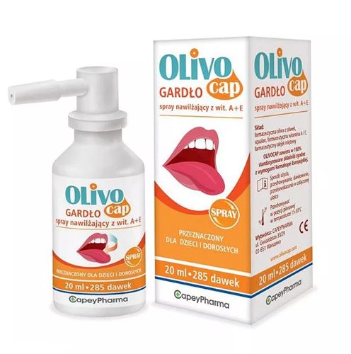 OlivoCap, Gardło, spray nawilżający z witaminą A+E, 20 ml OlivoCap