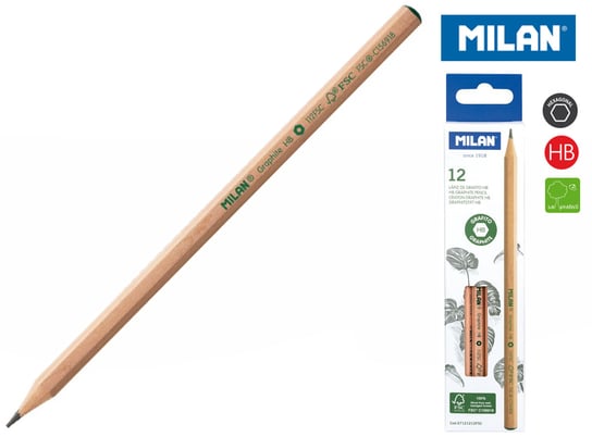 Ołówek sześciokątny HB, natural, 12 sztuk Milan
