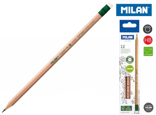 Ołówek sześciokątny HB z gumką natural, 12 sztuk Milan