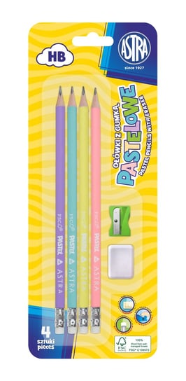 Ołówki pastelowe HB z miarką 4 sztuki z gumką i temperówką Astra