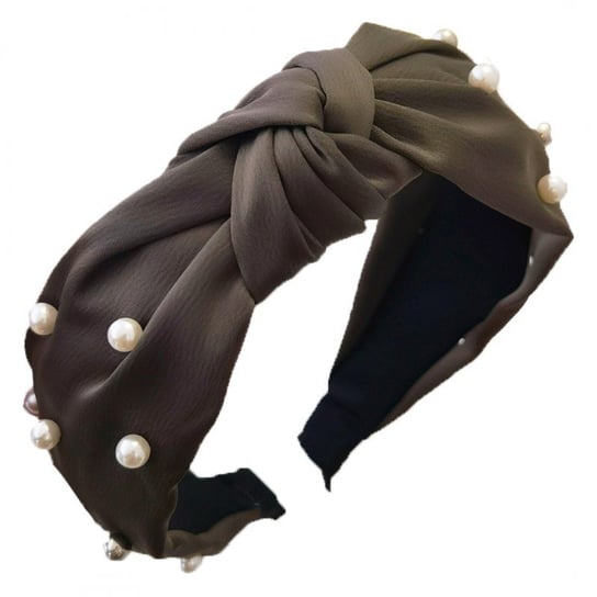 Opaska, turban z materiału, gruba, perełki, khaki O227BR eCarla