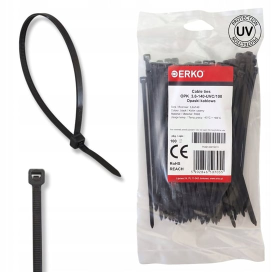 Opaski kablowe 3,6x140 czarna UV 100 sztuk trytki opaski zaciskowe ERKO ERKO