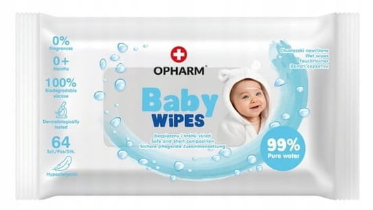 Opharm Baby Wipes Chusteczki Nawilżane 99% Wody Nasączone Wodą 64 Sztuki Opharm