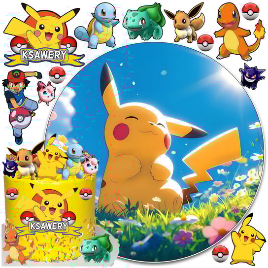Opłatek Na Tort Pokemon Pikachu Okrągły 20 cm + Postacie 16 sztuk i Imię Inna marka