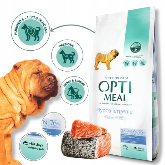 OPTIMEAL „Hypoallergenic” hipoalergiczna pełnoporcjowa sucha karma dla dorosłych psów średnich i dużych ras – łosoś 20 kg Optimeal