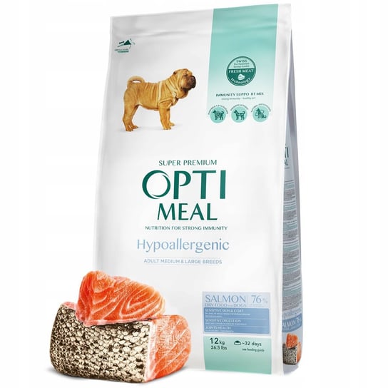OPTIMEAL „Hypoallergenic” hipoalergiczna pełnowartościowa sucha karma dla dorosłych psów średnich i dużych ras – łosoś 12 kg Optimeal