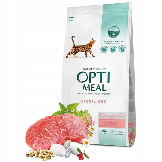 OPTIMEAL „Sterilised” pełnoporcjowa sucha karma dla kotek sterylizowanych i kotów kastrowanych z wysoką zawartością wołowiny oraz sorgo 10 kg Optimeal
