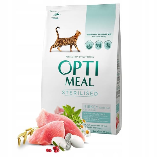 OPTIMEAL „Sterilised” pełnowartościowa sucha karma dla kotek sterylizowanych i kotów kastrowanych – indyk i owies 4 kg Optimeal