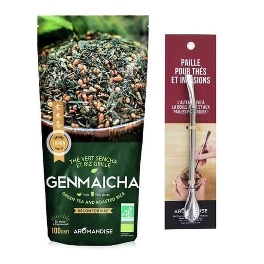 Organiczna zielona herbata i pełnoziarnisty ryż Genmaicha 100 g + słomka ze stali nierdzewnej z filtrem Youdoit