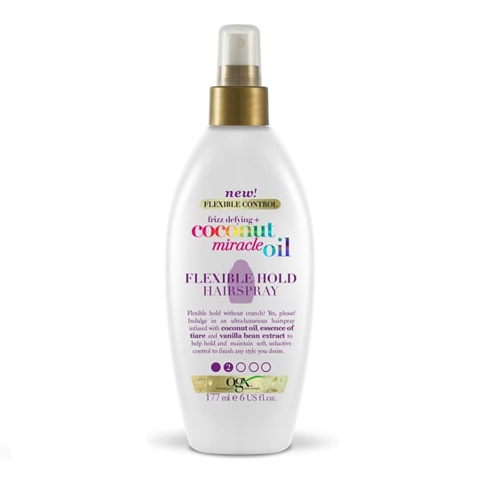 Organix, Frizz-Defying + Coconut Miracle Oil, Flexible Hold Hairspray, lakier do włosów nadający połysk, 177 ml Organix
