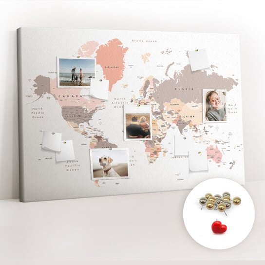 Organizer na ścianę XXL, Tablica Korkowa 120x80 cm - Szczegółowa mapa świata + Pinezki Coloray