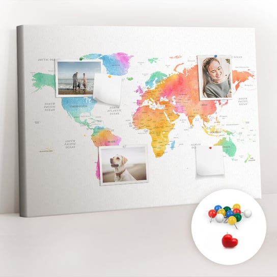 Organizer, Tablica korkowa 100x70 cm + Kolorowe Pinezki - Akwarelowa mapa świata Coloray