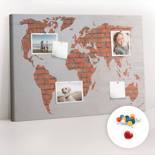 Organizer, Tablica korkowa 100x70 cm + Kolorowe Pinezki - Ceglana mapa świata Coloray