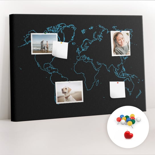 Organizer, Tablica korkowa 100x70 cm + Kolorowe Pinezki - Kontury mapy świata Coloray