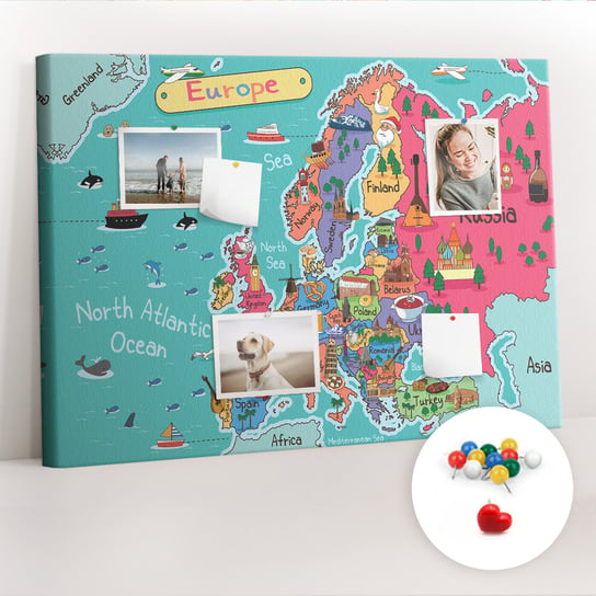 Organizer, Tablica korkowa 100x70 cm + Kolorowe Pinezki - Mapa Europy Coloray