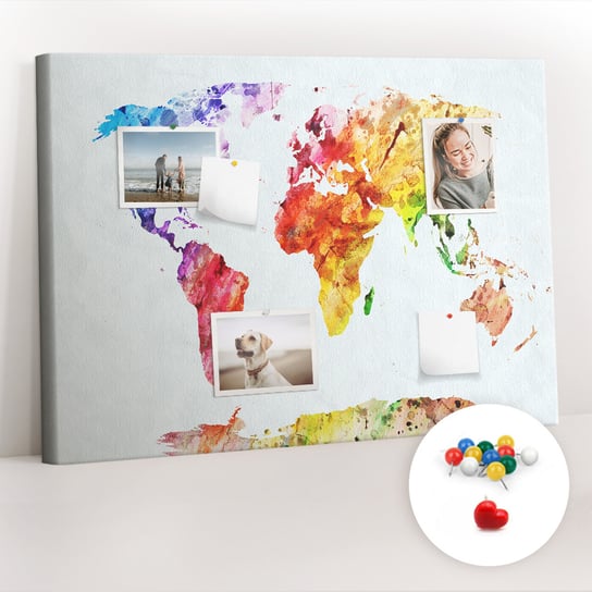 Organizer, Tablica korkowa 100x70 cm + Kolorowe Pinezki - Mapa świata akwarelowa Coloray