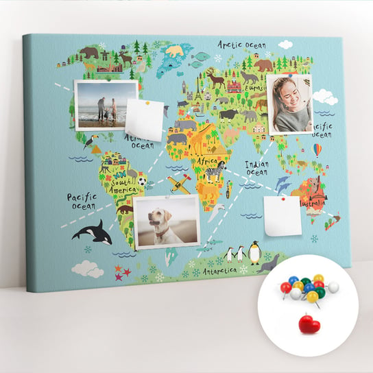 Organizer, Tablica korkowa 100x70 cm + Kolorowe Pinezki - Mapa świata ze zwierzętami Coloray
