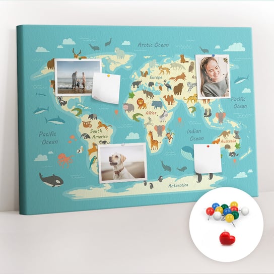 Organizer, Tablica korkowa 100x70 cm + Kolorowe Pinezki - Mapa świata zwierząt Coloray