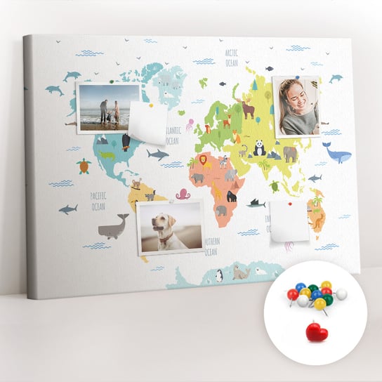Organizer, Tablica korkowa 100x70 cm + Kolorowe Pinezki - Mapa świata zwierząt Coloray