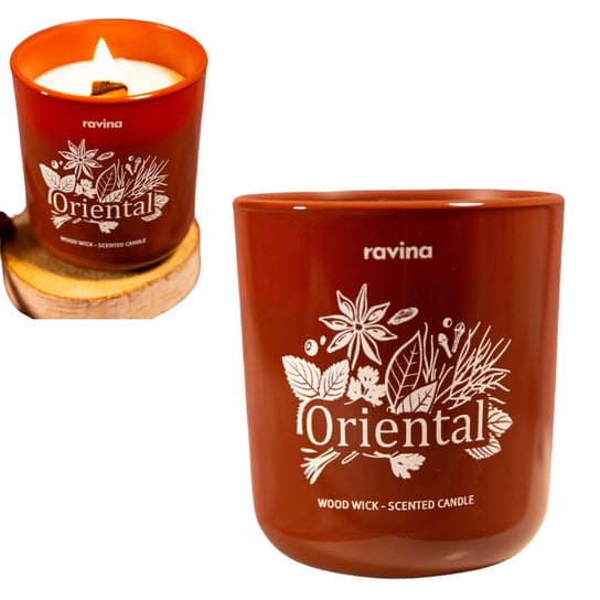 ORIENTAL sojowa perfumowana świeca zapachowa w szkle, drewniany knot zapach ORIENTALNY ravina