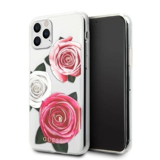 Oryginalne Etui Iphone 11 Pro Guess Hardcase Flower Desire Pink & White Rose Transparentne GUESS