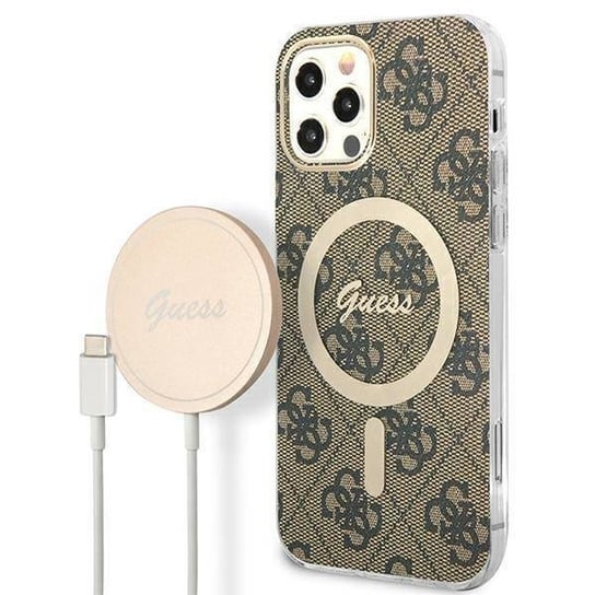 Oryginalne Etui IPHONE 12 / 12 PRO Guess Hardcase 4G Print MagSafe + Wireless Charger (GUBPP13XH4EACSP) brązowe GUESS