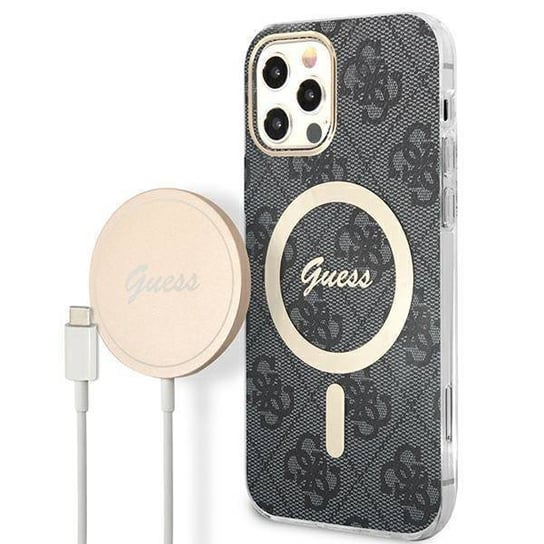 Oryginalne Etui IPHONE 12 / 12 PRO Guess Hardcase 4G Print MagSafe + Wireless Charger (GUBPP14MH4EACSB) czarne GUESS