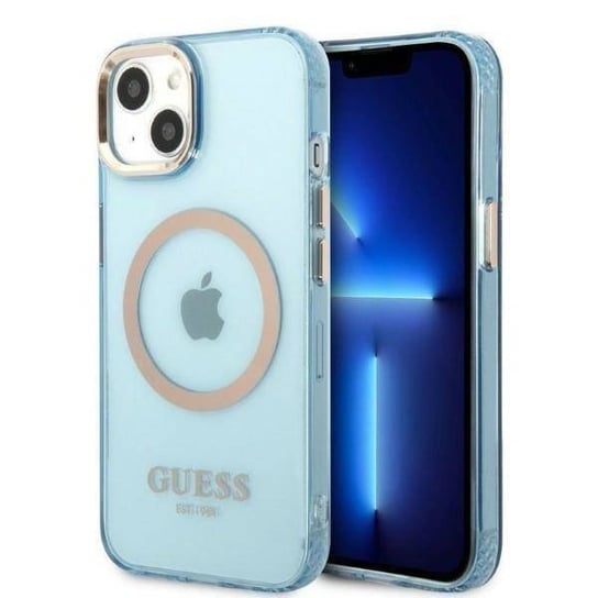Oryginalne Etui IPHONE 13 Guess Hard Case Gold Outline Translucent MagSafe (GUHMP13MHTCMB) niebieskie GUESS