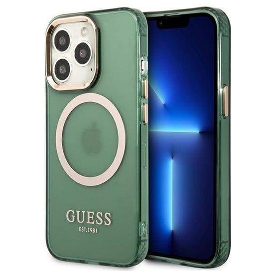 Oryginalne Etui IPHONE 13 PRO MAX Guess Hard Case Gold Outline Translucent MagSafe (GUHMP13XHTCMA) zielone GUESS