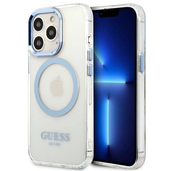 Oryginalne Etui IPHONE 13 PRO MAX Guess Hard Case Metal Outline Magsafe (GUHMP13XHTRMB) niebieskie GUESS