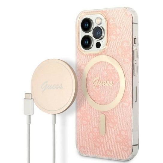 Oryginalne Etui IPHONE 13 PRO MAX Guess Hardcase 4G Print MagSafe + Wireless Charger (GUBPP14SH4EACSB) różowe GUESS