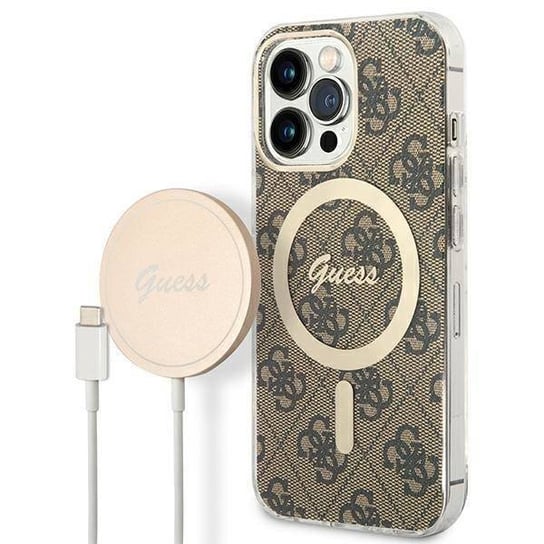 Oryginalne Etui IPHONE 13 PRO MAX Guess Hardcase 4G Print MagSafe + Wireless Charger (GUBPP14XHJEACSP) brązowe GUESS