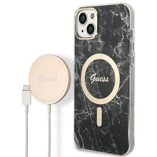 Oryginalne Etui IPHONE 14 PLUS Guess Hardcase Marble MagSafe + Wireless Charger (GUBPP14LHMEACSK) czarne GUESS