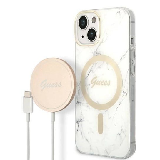 Oryginalne Etui Iphone 14 Plus Guess Hardcase Marble Magsafe + Wireless Charger (Gubpp14Xh4Eacsp) Białe GUESS