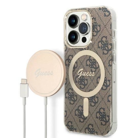 Oryginalne Etui IPHONE 14 PRO Guess Hardcase 4G Print MagSafe + Wireless Charger (GUBPP14MH4EACSW) brązowe GUESS