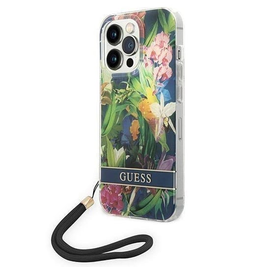 Oryginalne Etui IPHONE 14 PRO Guess Hardcase Flower Strap (GUOHCP14LHFLSB) niebieskie GUESS