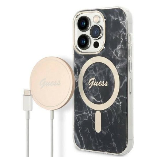 Oryginalne Etui IPHONE 14 PRO Guess Hardcase Marble MagSafe + Wireless Charger (GUBPP13LH4EACSP) czarne GUESS