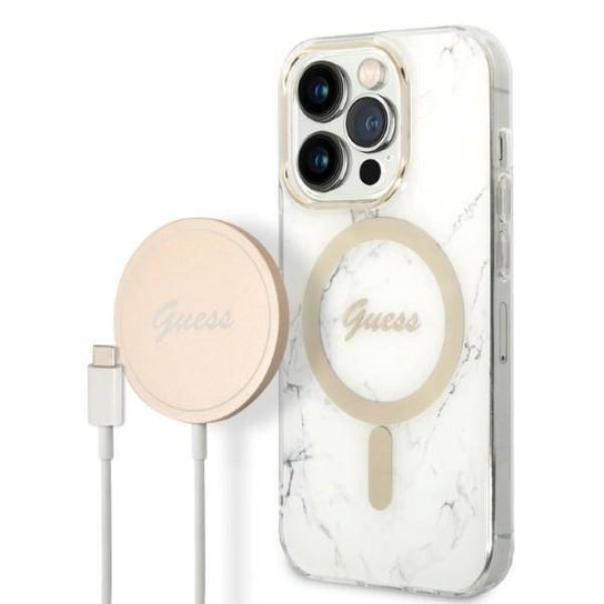 Oryginalne Etui IPHONE 14 PRO Guess Hardcase Marble MagSafe + Wireless Charger (GUBPP14MHMEACSH) białe GUESS