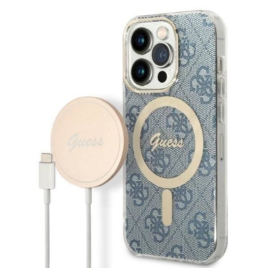 Oryginalne Etui IPHONE 14 PRO MAX Guess Hardcase 4G Print MagSafe + Wireless Charger (GUBPP14LH4EACSB) niebieskie GUESS