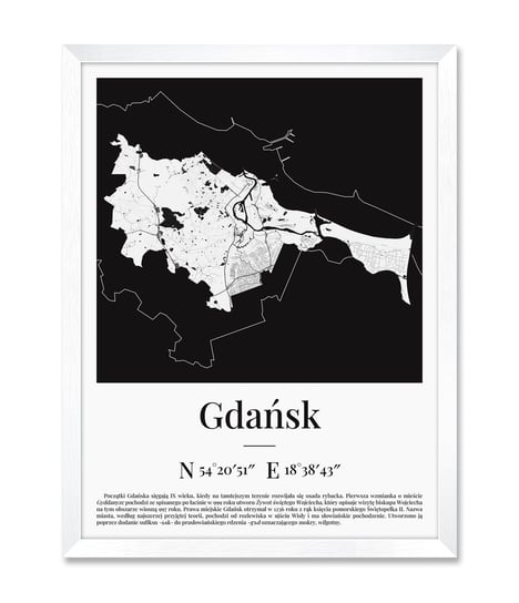 Oryginalny obraz geograficzny na ścianę do przedpokoju na klatkę schodową mapa plan miasta Gdańska Gdańsk biała rama 32x42 cm iWALL studio