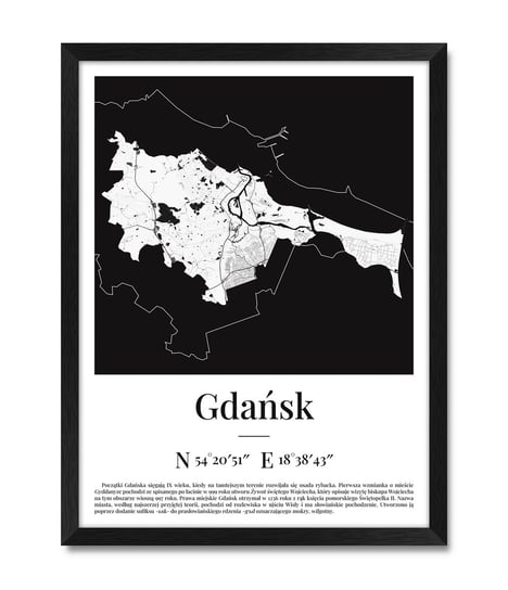 Oryginalny obraz geograficzny na ścianę do przedpokoju na klatkę schodową mapa plan miasta Gdańska Gdańsk czarna rama 32x42 cm iWALL studio