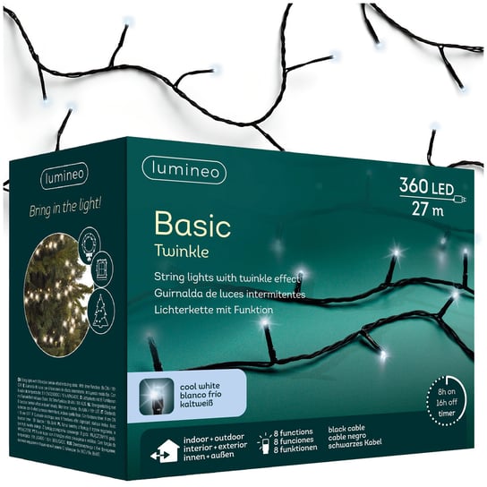 Oświetlenie choinkowe BASIC 360LED 27m zimny biały FLASH 8 funkcji czarny kabel Kaemingk