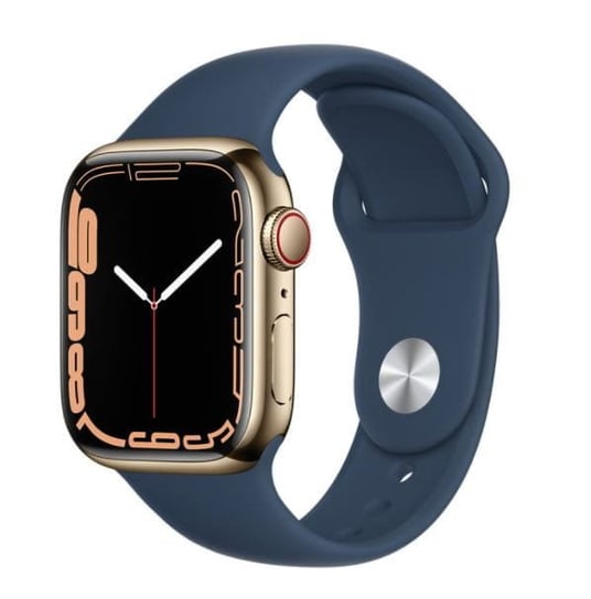 [OUTLET] Apple Watch Series 7 GPS + Cellular, 45mm Koperta ze stali nierdzewnej w kolorze złotym z paskiem sportowym w kolorze błękitnej toni - Regular Apple