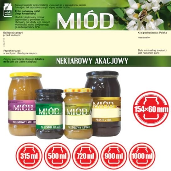 Paczka dużych etykiet na miód akacjowy (100szt) - wzór E144 BEE&HONEY