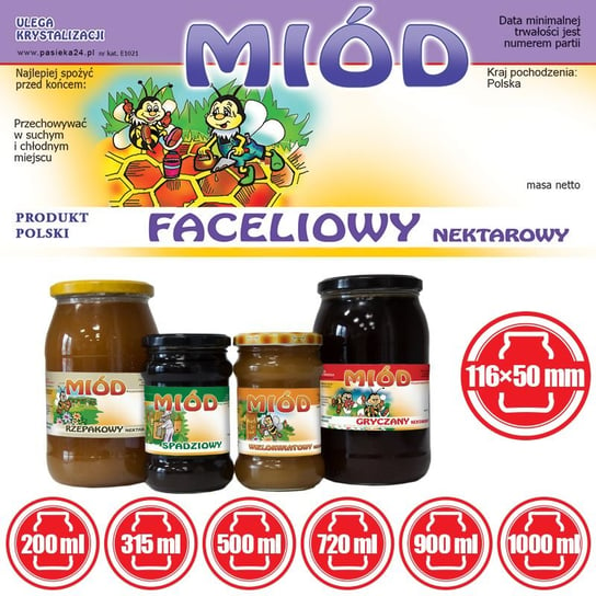 Paczka etykiet na miód faceliowy 116x50 (100szt) - wzór E1021 BEE&HONEY