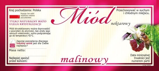 Paczka etykiet na miód malinowy 116x50 (100szt) - wzór E1023 BEE&HONEY